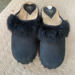 Leather Studded Clogs with Real Fur Trim
